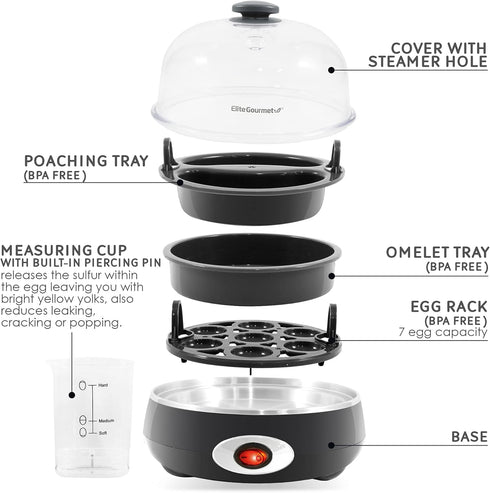 Elite Gourmet EGC007CHC# Rapid Egg Cooker, 7 Easy-To-Peel Eggs, Poacher, Omelet Maker, Auto Shut-Off, Charcoal Grey