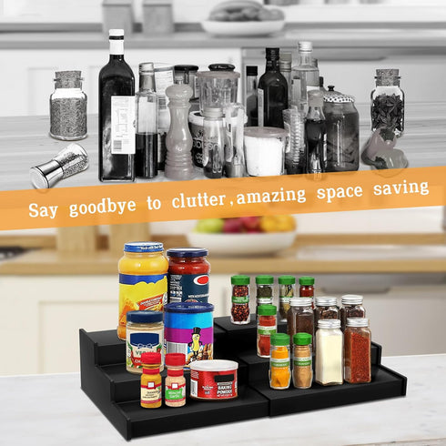 Spice Rack Organizer, 3 Tier Expandable Bamboo Spice Rack for Kitchen Cabinet, Cupboard, Pantry - Black (2pack)