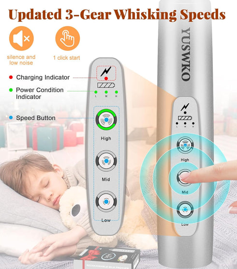 YUSWKO Milk Frother Handheld for Coffee, Rechargeable Drink Mixer with 3 Heads, Electric Whisk Gift for Occasions