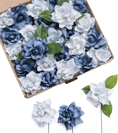 Ling's Moment 25pcs Fake Gardenia Blue Flowers, Artificial Flowers with Stem for DIY Wedding Decorations