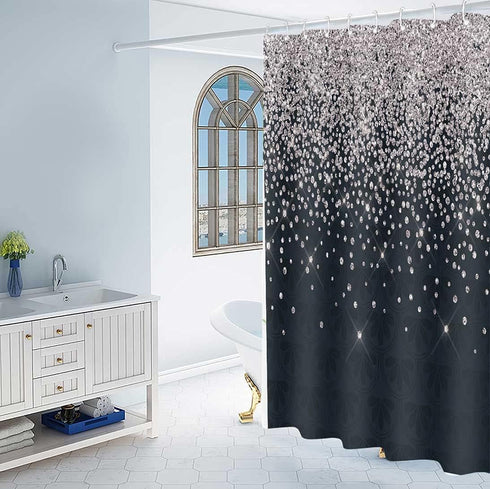 Silver Gray Bokeh Shower Curtain, Falling Snow Night Sky Stars 3D Printed Fabric Bathroom Curtain, 70 x 72 Inch