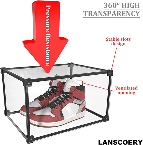 LANSCOERY Shoe Storage Box, Stackable Clear Acrylic Foldable Shoe Organizer with Magnetic Side Opening Door for