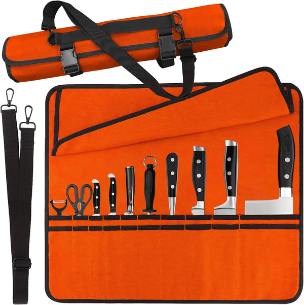 Orange Chef Knife Bag with 20 Slots, Cutlery Knives Holders, Portable Canvas Knife Roll Storage for Cooking