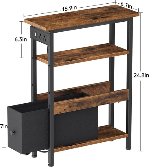 1 Creso hom Narrow Side Table with Charging Station and LED Light, End Table with Fabric Drawer, Skinny Nightstand