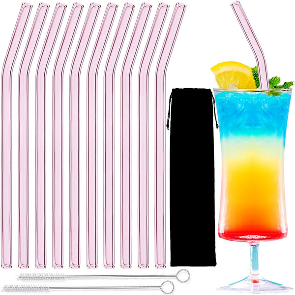 10 Pack Reusable Pink Glass Straws, 8" Shatter-Resistant Bent Drinking Straws with 2 Cleaning Brushes, Dishwasher Safe