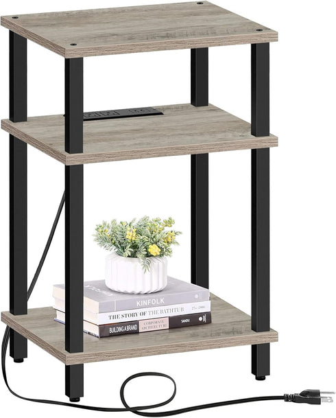 TUTOTAK End Table with Charging Station, Nightstand with USB Ports, 3-Tier Storage Shelf for Small Space, Sofa Table