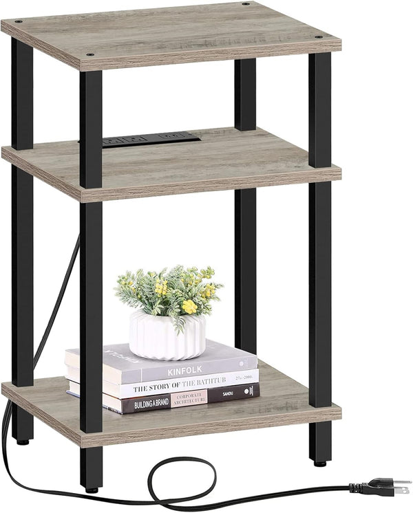 TUTOTAK End Table with Charging Station, Nightstand with USB Ports, 3-Tier Storage Shelf for Small Space, Sofa Table