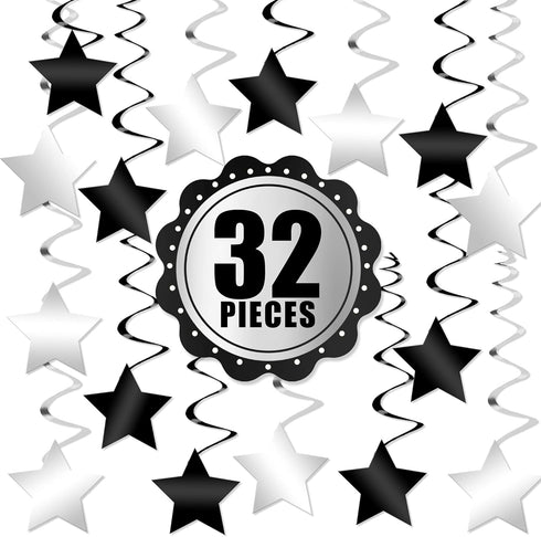 KatchOn Black and Silver Star Hanging Swirls - Pack of 32 | Party Decorations for Birthday & Graduation 2025