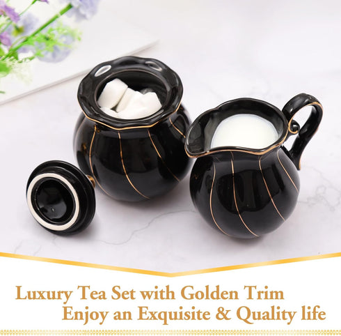 Set, 1 (12 OZ), 1 (8 OZ), Set, DUJUST Black Cream & Sugar Luxury British Design in Golden Trims, Sugar Bowl with Lid