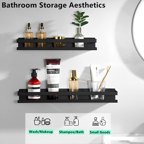 Floating Shelves Wall Mounted, Rustproof Stainless Steel Bathroom Shelf, Black Nail-Free Kitchen Spice Rack, Adhesive