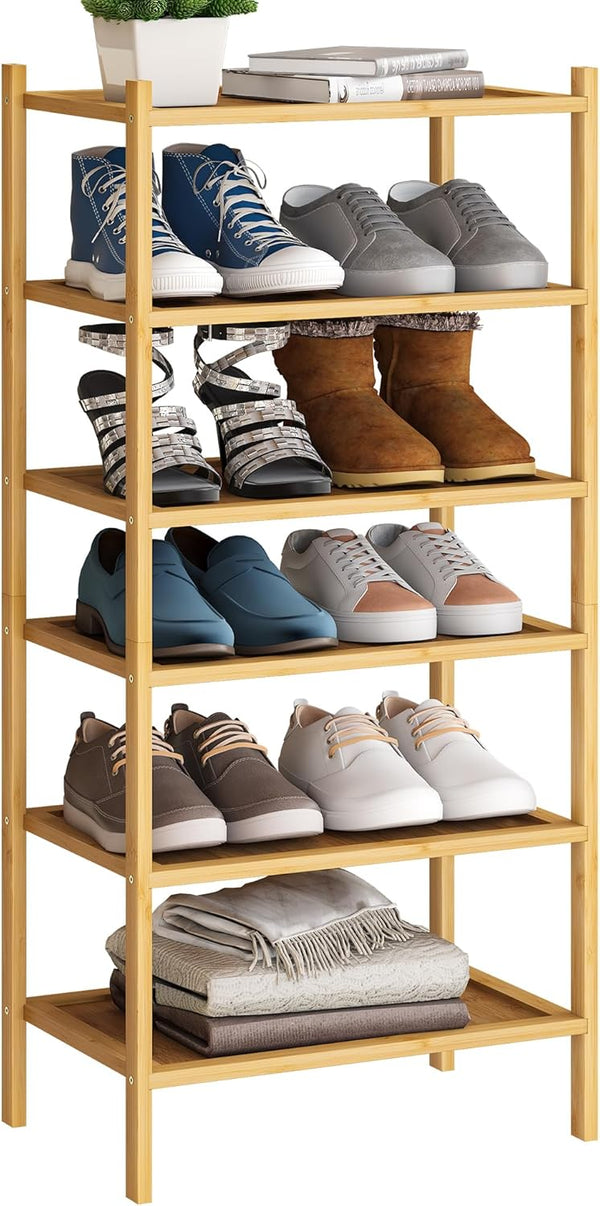 BMOSU 6-Tier Bamboo Small Shoe Rack Premium Stackable Shoe Shelf Storage Organizer