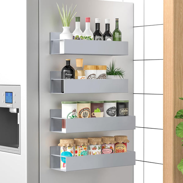 HuggieGems 4 Pack Magnetic Spice Storage Rack Organizer for Refrigerator and Oven, Gray