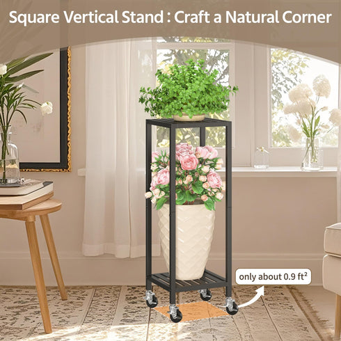 2 LASZOLA Tier Black Metal Plant Stand Indoor Outdoor with Wheel for Large Planter, Modern Heavy Duty Tall Rolling Rack