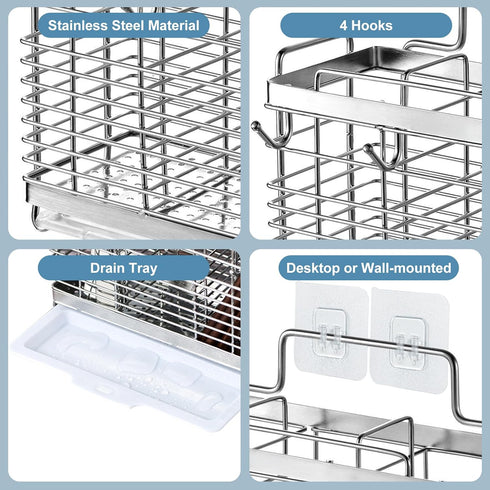 Utensil Holder with 3 Compartments, Stainless Steel Drying Rack, Dish Drainer for Kitchen Counter, Silverware Organizer