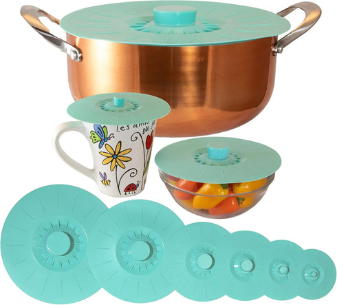 Extra Large Silicone Lids Set of 6, Teal, Sturdy Suction Seal Covers for Pots, Fry Pans, Cups, Bowls 5" to 12", Food