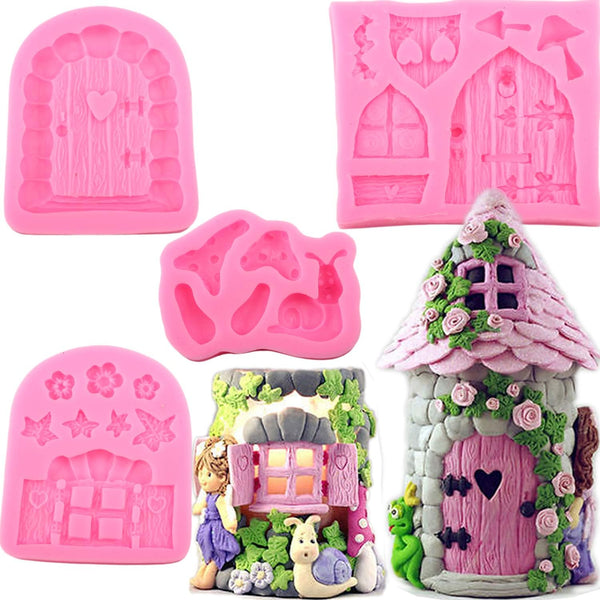 Mujiang Enchanted Vintage Fairy Garden Gnome Home Door Snail Silicone Molds - Set of 4 for Cake Decorating