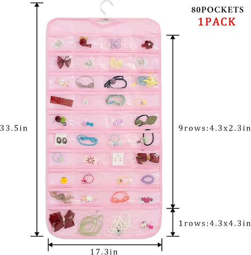 80-Pocket Jewelry Organizer 1-Pack, Dual-sided Storage for Earring Necklace Bracelet Ring Travel Holder, Pink