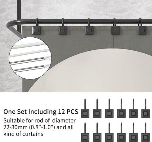 GILLAS Set of 12 Decorative Shower Curtain Hooks - Rust Resistant Square Rings for Bathroom, Black