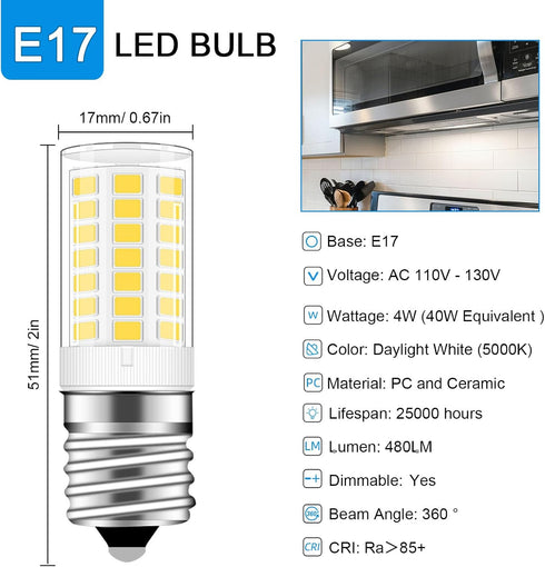 KEI D28X Freezer Light Bulb, 3.8W Replacement, 450LM E17 LED Intermediate Base Daylight White 5000K, 2-Pack