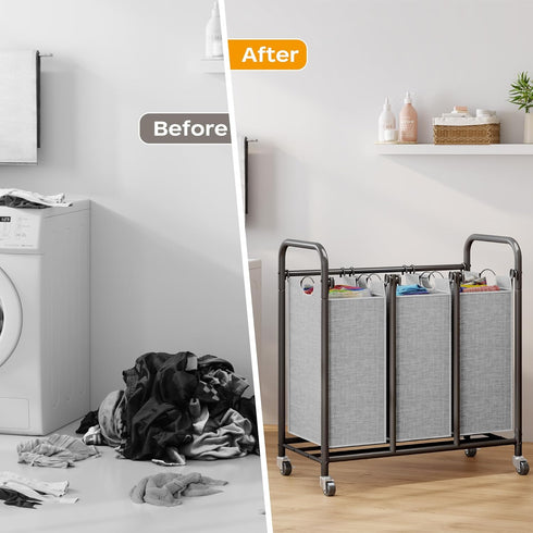3-Bag HOMEIJU Laundry Sorter, Laundry Hamper Cart with Heavy Duty Rolling Lockable Wheels and Removable Bags, Laundry