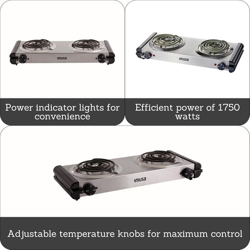 Imusa USA GAU-80312US Electric Double Burner 1750-Watts, Stainless Steel