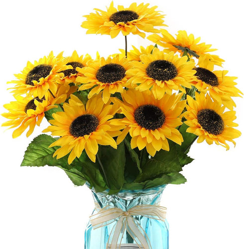 DerBlue 15.74'' Artificial Sunflowers Bouquet with 14 Heads and 40 Leaves - Fake Silk Flowers for Home Office Decor