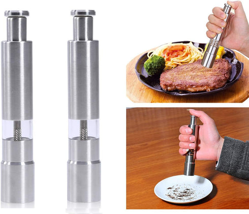 Salt and Pepper Grinder Set of 2,Stainless Steel Push Button Grinder Modern Design Thumb Grinder, for Black Pepper, Sea Salt and Himalayan Salt, Spice and Salt by Keweis