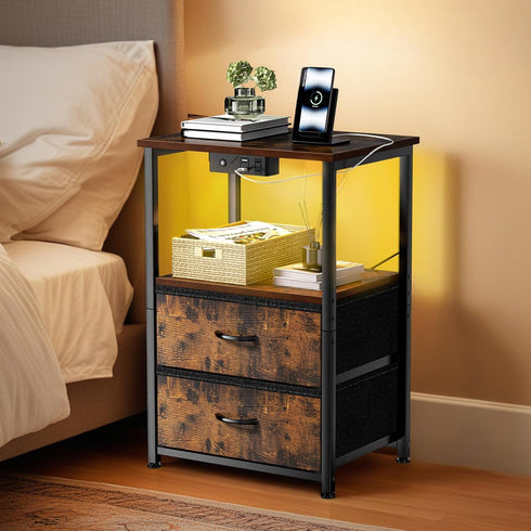 Klaus Kelsie Land Nightstand with Charging Station and LED Lights, Small Night Stand for Bedroom