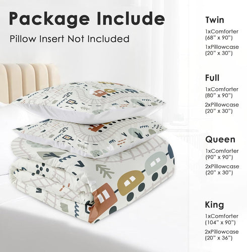 Set 2 Cozy Set Comforter with Pillowcases Queen Size, Cartoon Car Train Road Map, Bed Decor Cute Forest Traffic Baby