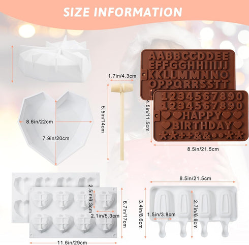 Patelai 5 Pcs Silicone Chocolate Mold - Diamond Heart Cake, Ice Lolly, Letter and Number Mold with Hammers