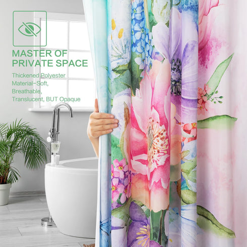 Floral Shower Curtain Set, Summer Blooming Flowers, Waterproof Polyester Fabric, Machine Washable Bath Curtain