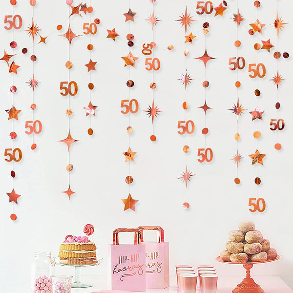 Rose Gold 50th Birthday Decorations - Number 50 Circle Dot Twinkle Star Garland for 50th Anniversary Party