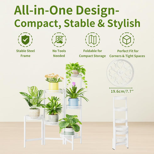 NQW 6 6 Tier Metal Plant Stand, Potted Multiple Flower Pot Holder Shelf, Indoor&Outdoor Folding Planter Display Shelves