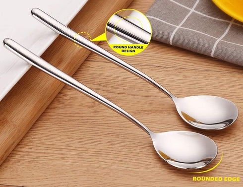 Pack of 4 Long Handle Stainless Steel Soup Spoons, Korean Round Handle Bar Spoons in Silver