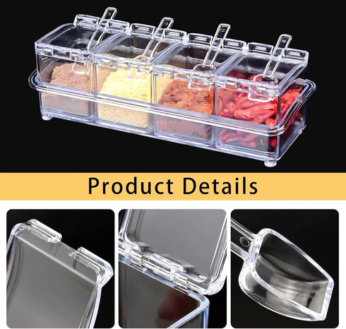 4-Cell Clear Seasoning Rack, Acrylic Spice Box with Cover and Spoon, Storage Container for Condiments