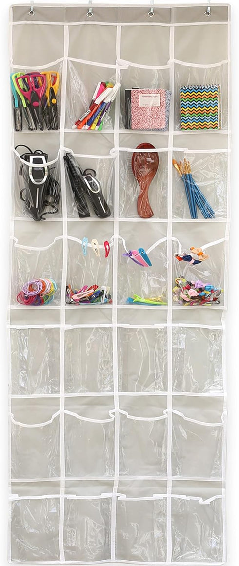 Simple Houseware 24 Pockets Over The Door Hanging Shoe Organizer, Crystal Clear, Gray (64'' x 19'')