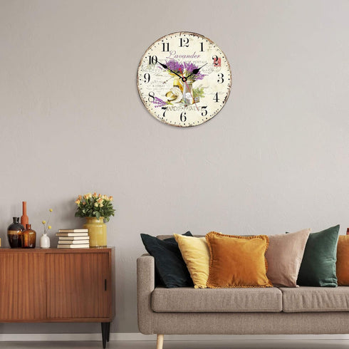 TAHEAT Romantic Lavender Wall Clock, 14 Inch French Purple Love Floral Decorative Easy to Read Clock for Living