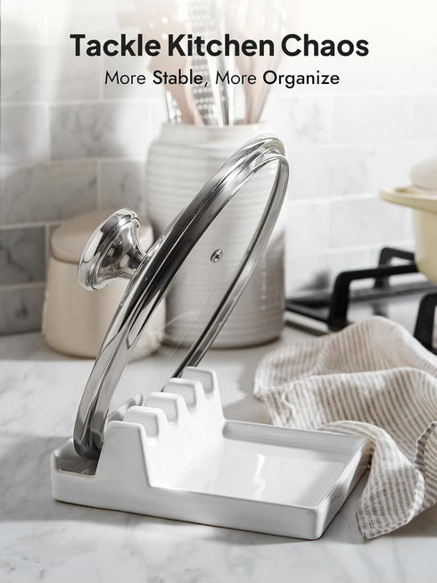 LE TAUCI Ceramic Spoon Rest - 6.2 inch Heat-Resistant Spoon Holder with Drip Pad for Multiple Utensils, White