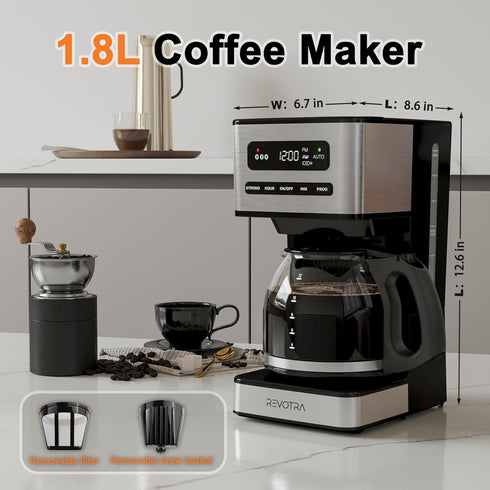 12-Cup Programmable 1-4 Setting, 24H REVOTRA Coffee Maker, Regular & Strong Brew Drip Coffee Machine, Cup and Ice