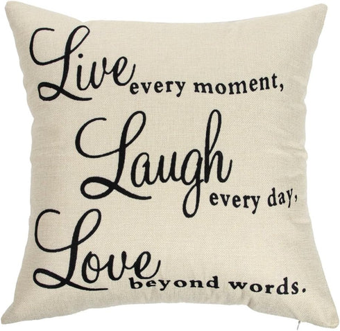 Ogiselestyle Motivational Sign Throw Pillow Case, Live Every Moment, Laugh Every Day, Love Beyond Words, 18" x 18"