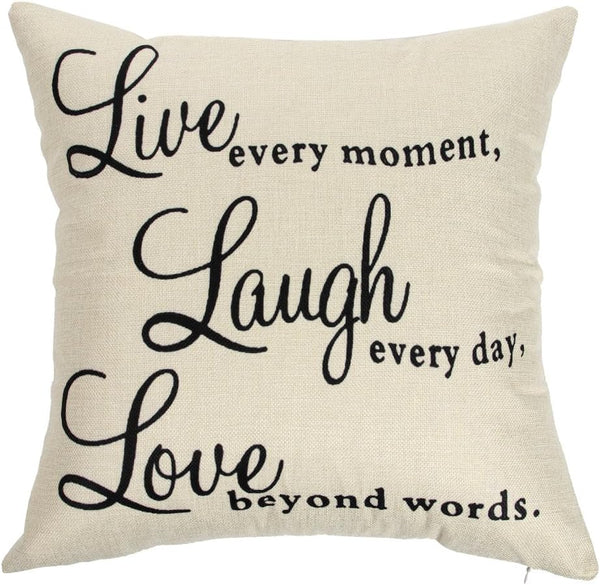 Ogiselestyle Motivational Sign Throw Pillow Case, Live Every Moment, Laugh Every Day, Love Beyond Words, 18" x 18"