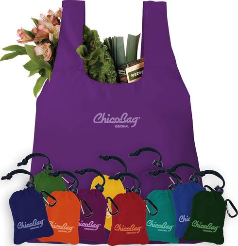 ChicoBag Original Compact Reusable Grocery Bag with Attached Pouch and Carabiner Clip, Eco-Conscious Packable Tote,