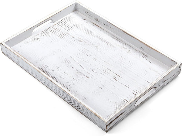 dreamkey 17 Inch Rustic White Serving Tray with Handles - Large Wooden Tray