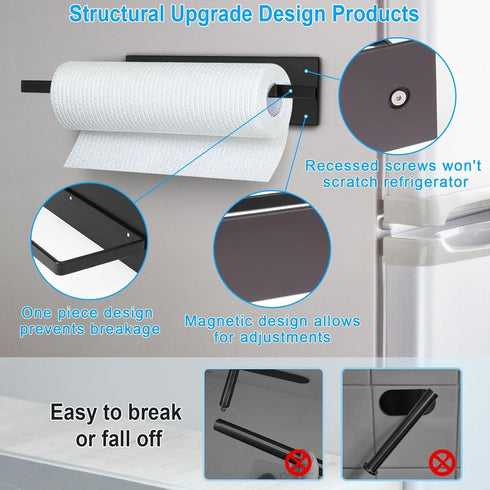 Black Paper Towel Holder, Magnetic Paper Towel Holder for Fridge, Toilet Paper Roll Holder Magnet Towel Rack Wall Mount