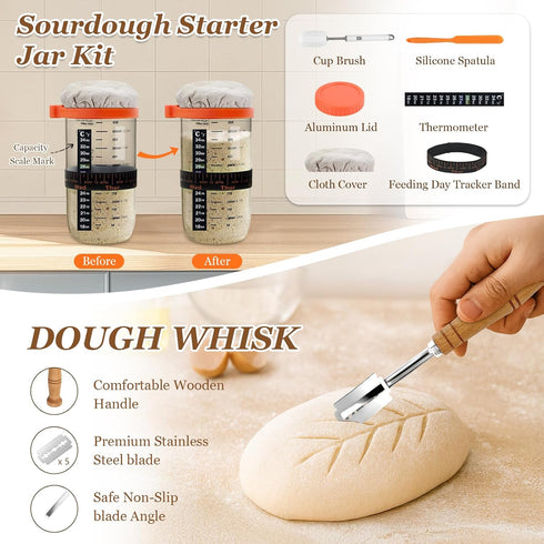 2 9 Inch 24 Oz Sourdough Bread Baking Supplies, Sourdough Starter Kit, Round Banneton Bread Proofing Basket with Glass
