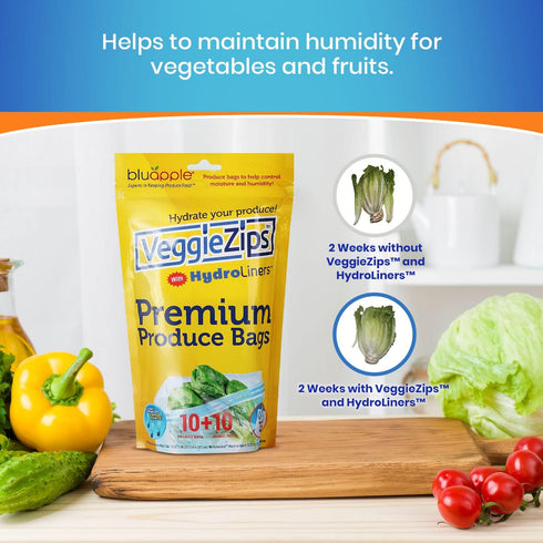 Bluapple VeggieZips Premium Produce Storage System - 20 Piece Set, 10 Food Saver Bags + 10 HydroLiners