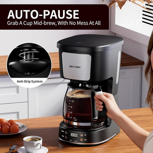 12-Cup Filter,Programmable Drip Coffee Maker with Reusable Clock,Auto Brew,Water Window,Keep Hot Plate,Glass