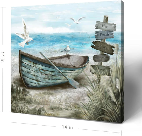 Bathroom Wall Art Coastal Décor, Nautical Boat on Beach Canvas Picture, Ocean Seagull Seascape Artwork for Living Room