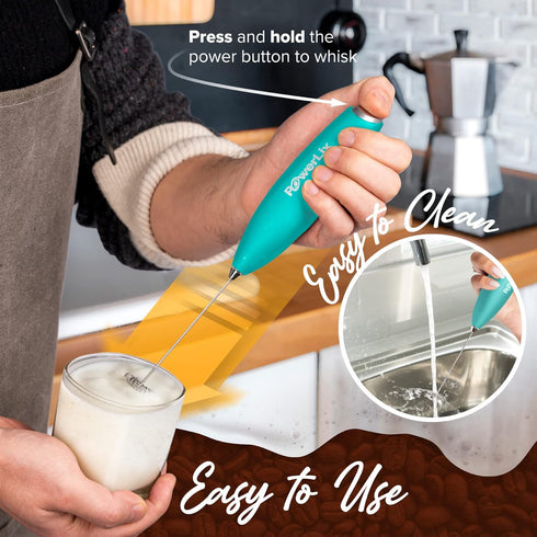 PowerLix Handheld Milk Frother with Stand, Battery Operated Foam Maker Wand for Coffee (Black) (No Stand Aqua)