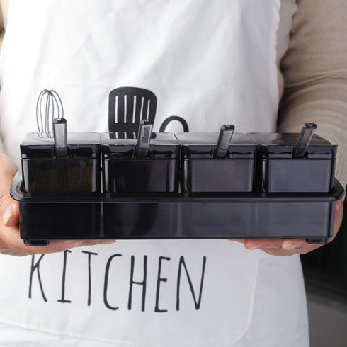V·RESOURCING Elegant Black Seasoning Box, 4 Pieces Storage Container Cruet for Home Kitchen, Condiment Jars